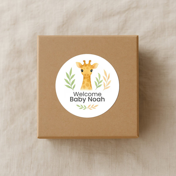 Personalised Giraffe Baby Shower Stickers – Safari Welcome Baby Favour Labels
