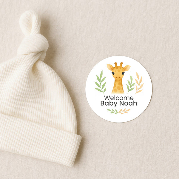 Personalised Giraffe Baby Shower Stickers – Safari Welcome Baby Favour Labels