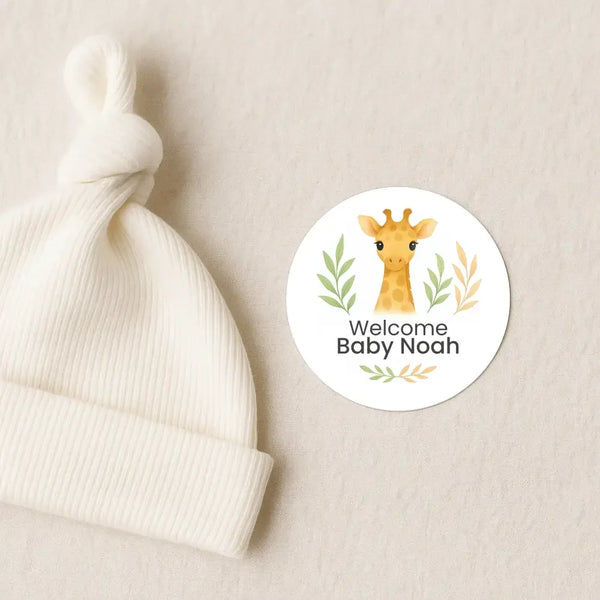 Personalised Giraffe Baby Shower Stickers – Safari Welcome Baby Favour Labels - Sticksy Prints Australia