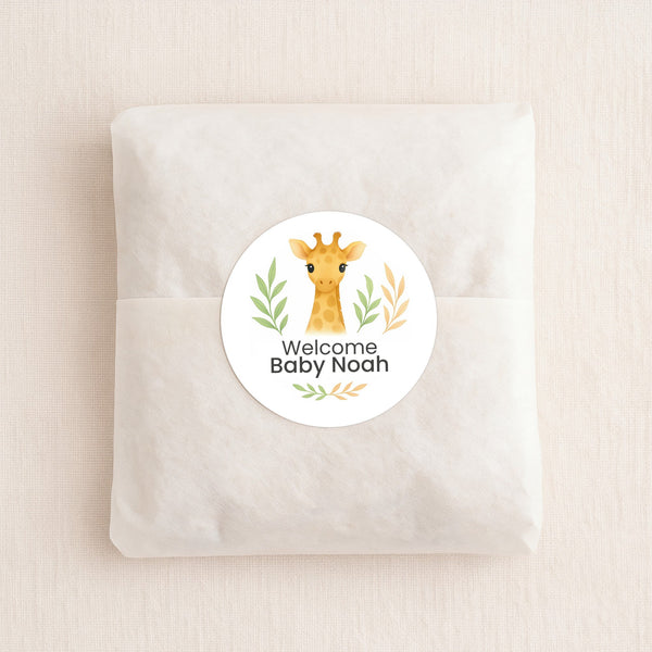 Personalised Giraffe Baby Shower Stickers – Safari Welcome Baby Favour Labels