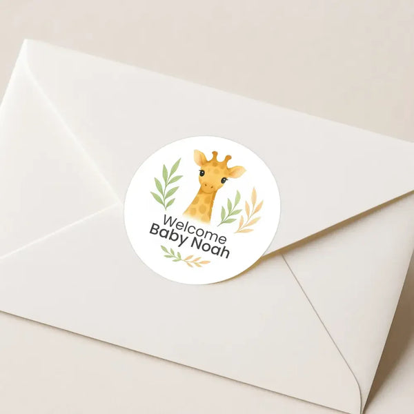 Personalised Giraffe Baby Shower Stickers – Safari Welcome Baby Favour Labels - Sticksy Prints Australia
