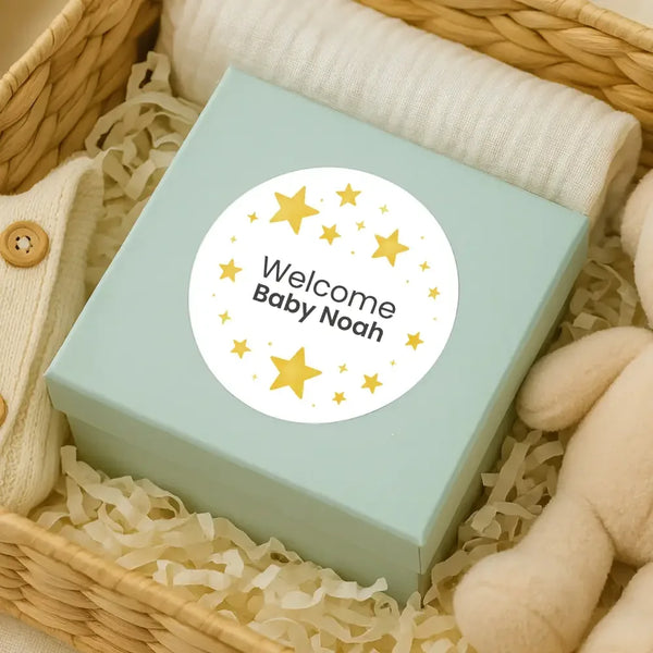 Personalised Golden Stars Welcome Baby Stickers – Celestial Gender-Neutral Favour Labels - Sticksy Prints Australia