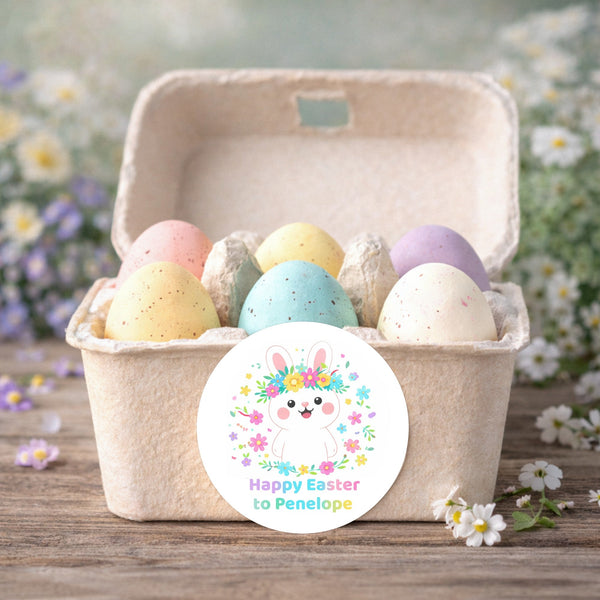 Personalised Happy Easter Stickers – Floral Bunny Easter Labels for Kids