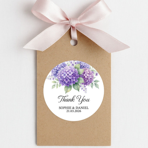 Personalised Hydrangea Wedding Thank You Stickers | Purple Floral Favour Labels