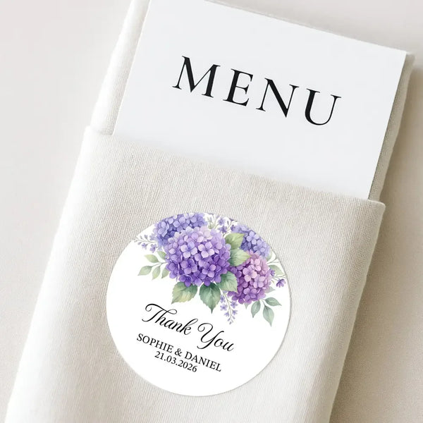 Personalised Hydrangea Wedding Thank You Stickers | Purple Floral Favour Labels - Sticksy Prints Australia