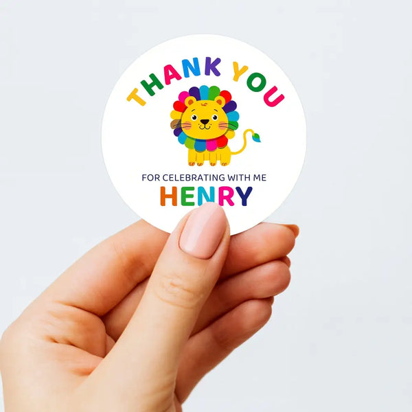 Personalised Kids Birthday Stickers Lion Rainbow Thank You Name Party Favour