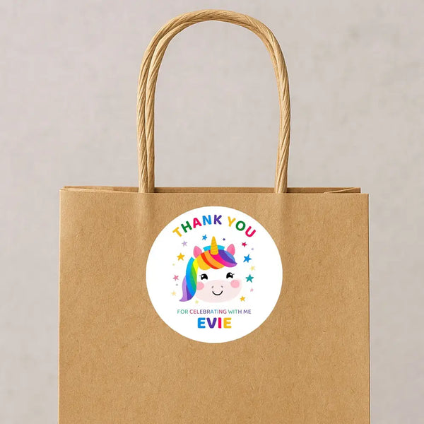 Personalised Kids Birthday Stickers Unicorn Rainbow Thank You Name Party Favour
