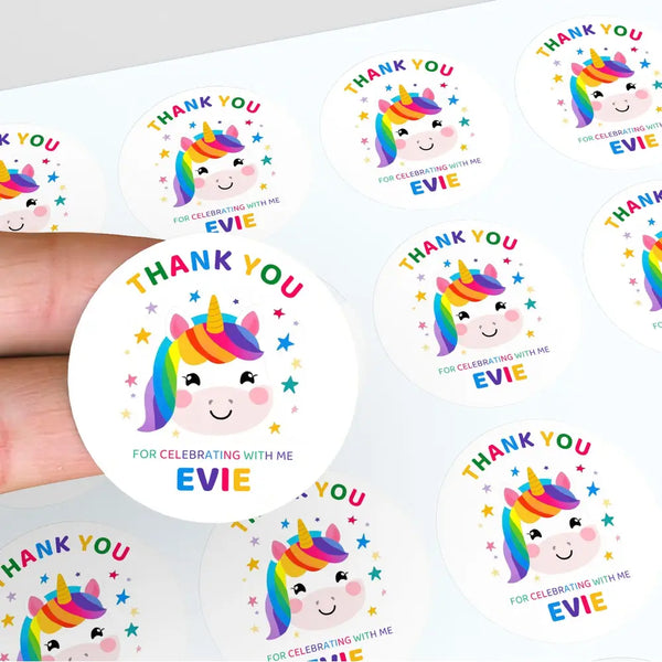 Personalised Kids Birthday Stickers Unicorn Rainbow Thank You Name Party Favour