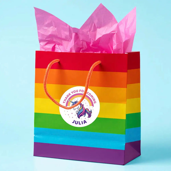 Personalised Kids Birthday Stickers Unicorn Rainbow Thank You Name Party Favours