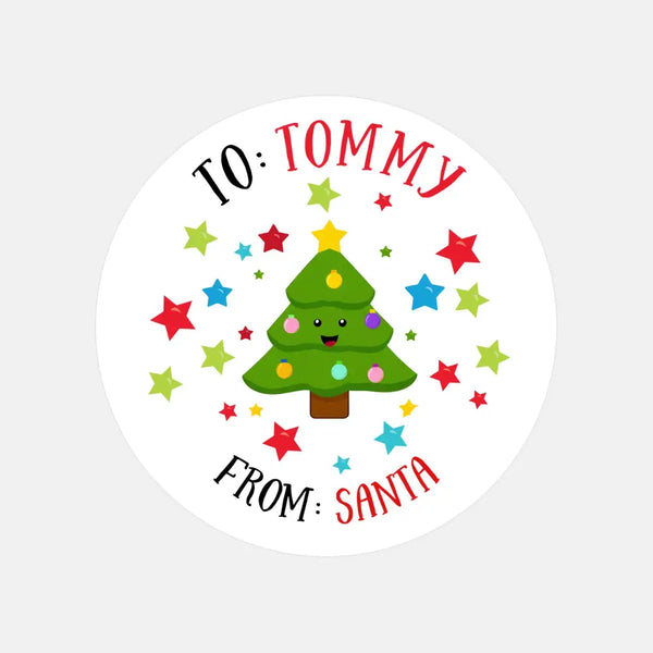 Personalised Kids Christmas Sticker Labels Cute Trees Stars From Santa