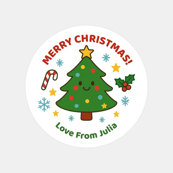 Personalised Kids Christmas Sticker Labels Cute Xmas Trees Merry Christmas