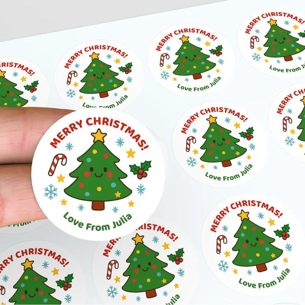 Personalised Kids Christmas Sticker Labels Cute Xmas Trees Merry Christmas