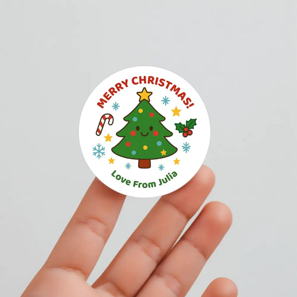 Personalised Kids Christmas Sticker Labels Cute Xmas Trees Merry Christmas