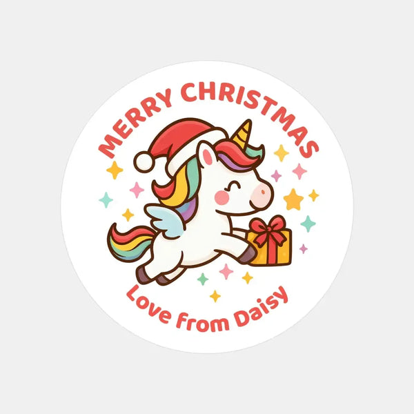 Personalised Kids Christmas Sticker Labels – Flying Unicorn - Sticksy Prints Australia