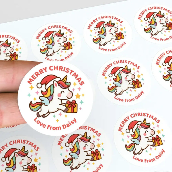 Personalised Kids Christmas Sticker Labels – Flying Unicorn - Sticksy Prints Australia