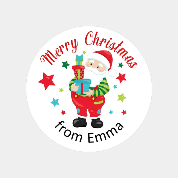 Personalised Kids Christmas Sticker Labels Santa Holding Gifts