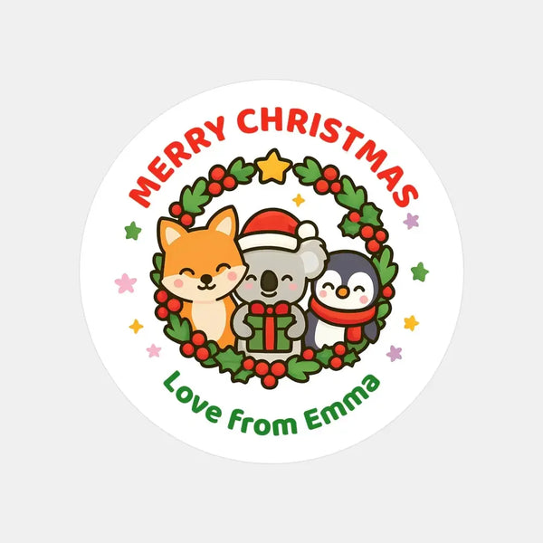 Personalised Kids Christmas Sticker Labels – Wreath Animals - Sticksy Prints Australia
