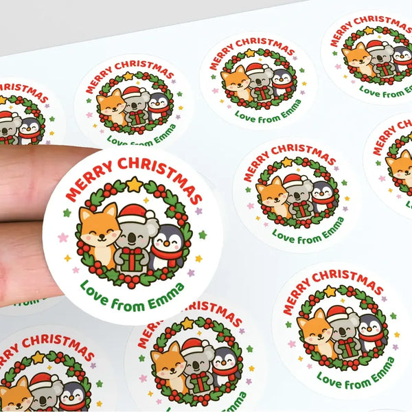 Personalised Kids Christmas Sticker Labels – Wreath Animals - Sticksy Prints Australia