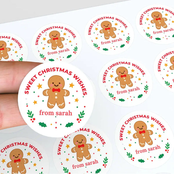 Personalised Kids Sticker Labels Sweet Christmas Wishes Gingerbread Man