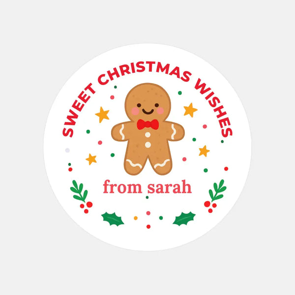 Personalised Kids Sticker Labels Sweet Christmas Wishes Gingerbread Man