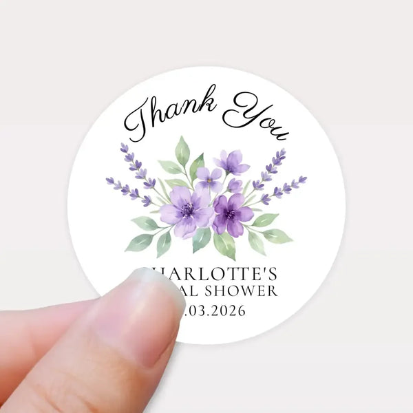 Personalised Lavender Bridal Shower Thank You Stickers – Custom Name & Date – Purple Watercolour Floral Labels - Sticksy Prints Australia
