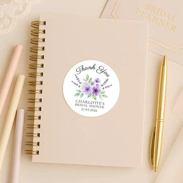 Personalised Lavender Bridal Shower Thank You Stickers – Custom Name & Date – Purple Watercolour Floral Labels - Sticksy Prints Australia