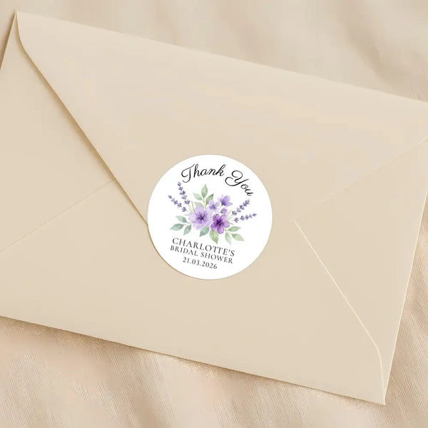 Personalised Lavender Bridal Shower Thank You Stickers – Custom Name & Date – Purple Watercolour Floral Labels - Sticksy Prints Australia