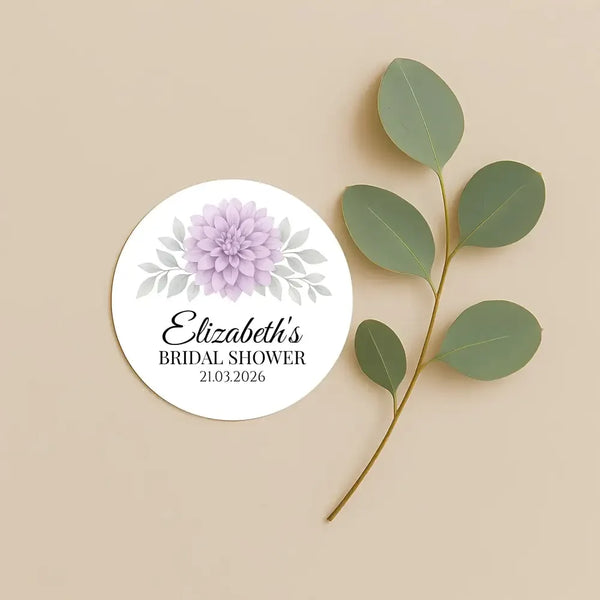 Personalised Lavender Dahlia Bridal Shower Stickers – Custom Name & Date – Watercolour Floral Favour Labels - Sticksy Prints Australia