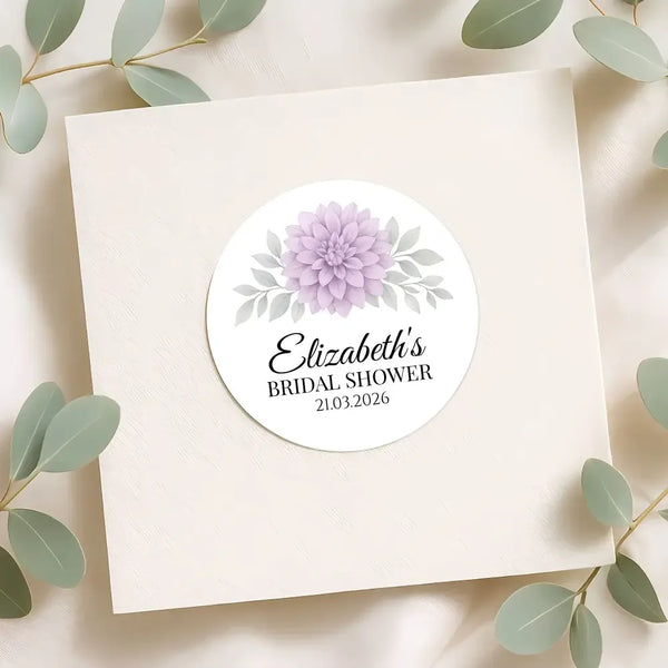 Personalised Lavender Dahlia Bridal Shower Stickers – Custom Name & Date – Watercolour Floral Favour Labels - Sticksy Prints Australia