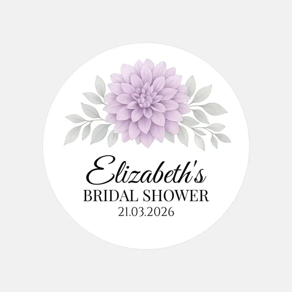 Personalised Lavender Dahlia Bridal Shower Stickers – Custom Name & Date – Watercolour Floral Favour Labels - Sticksy Prints Australia