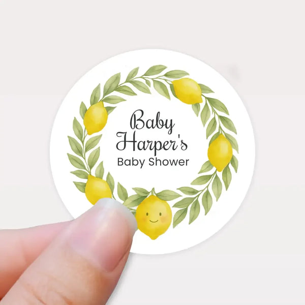 Personalised Lemon Wreath Baby Shower Stickers – Watercolour Citrus Favour Labels - Sticksy Prints Australia