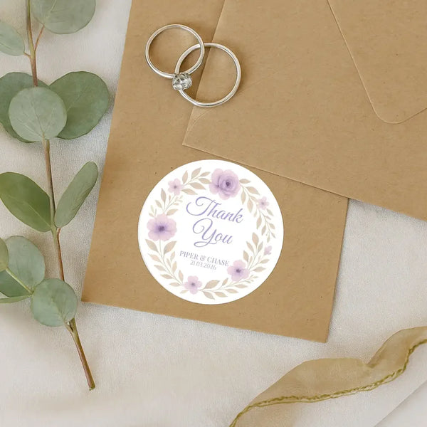 Personalised Lilac Floral Wedding Thank You Stickers – Custom Favour Labels - Sticksy Prints Australia