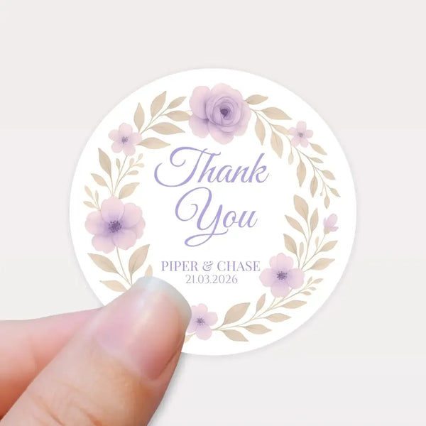 Personalised Lilac Floral Wedding Thank You Stickers – Custom Favour Labels - Sticksy Prints Australia