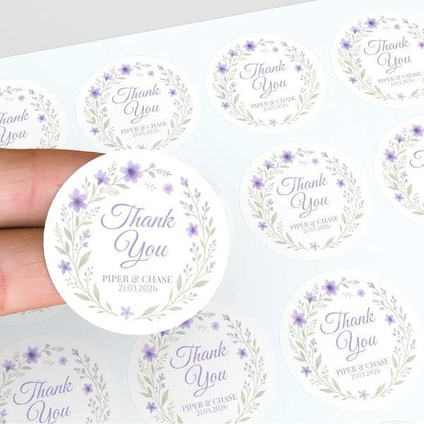 Personalised Lilac Floral Wreath Wedding Thank You Stickers – Custom Favour Labels - Sticksy Prints Australia
