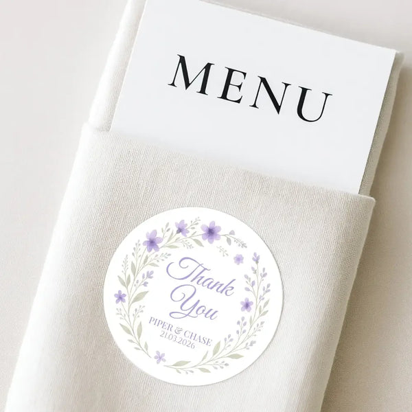 Personalised Lilac Floral Wreath Wedding Thank You Stickers – Custom Favour Labels - Sticksy Prints Australia