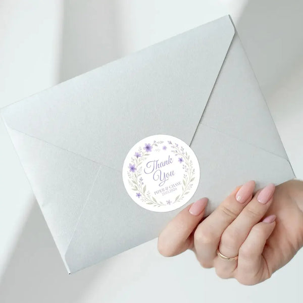 Personalised Lilac Floral Wreath Wedding Thank You Stickers – Custom Favour Labels - Sticksy Prints Australia