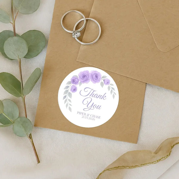 Personalised Lilac Rose Arch Wedding Thank You Stickers – Custom Floral Favour Labels - Sticksy Prints Australia