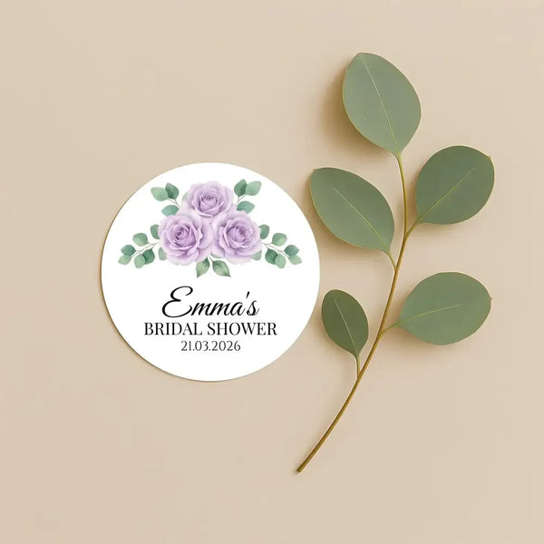 Personalised Lilac Rose Bridal Shower Stickers – Custom Name & Date Favour Labels – Watercolour Floral Party Stickers - Sticksy Prints Australia