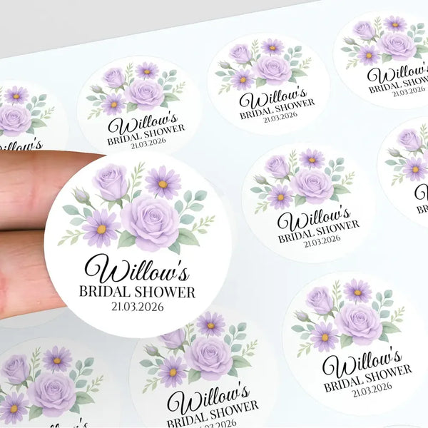 Personalised Lilac Rose & Daisy Bridal Shower Stickers – Custom Name & Date – Watercolour Floral Favour Labels - Sticksy Prints Australia