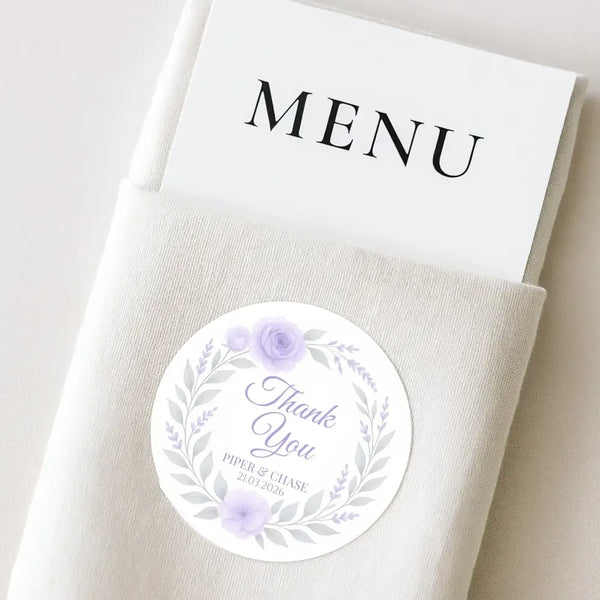 Personalised Lilac Rose & Lavender Wedding Thank You Stickers – Custom Floral Favour Labels - Sticksy Prints Australia