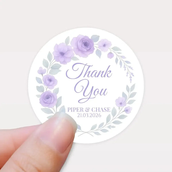 Personalised Lilac Rose Wedding Thank You Stickers – Custom Floral Favour Labels - Sticksy Prints Australia