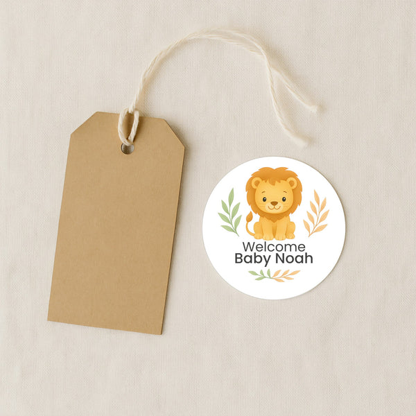 Personalised Lion Baby Shower Stickers – Safari Welcome Baby Favour Labels