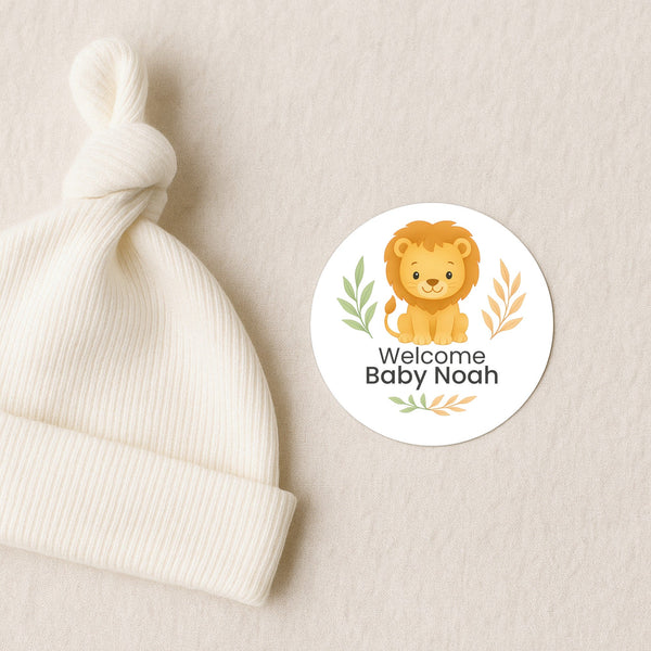 Personalised Lion Baby Shower Stickers – Safari Welcome Baby Favour Labels