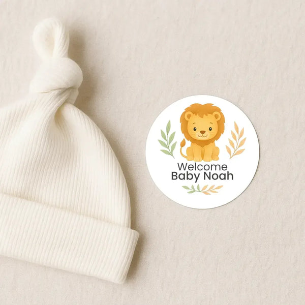 Personalised Lion Baby Shower Stickers – Safari Welcome Baby Favour Labels - Sticksy Prints Australia