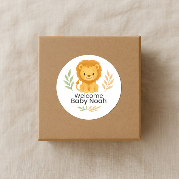 Personalised Lion Baby Shower Stickers – Safari Welcome Baby Favour Labels