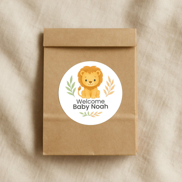 Personalised Lion Baby Shower Stickers – Safari Welcome Baby Favour Labels