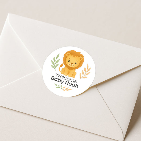 Personalised Lion Baby Shower Stickers – Safari Welcome Baby Favour Labels