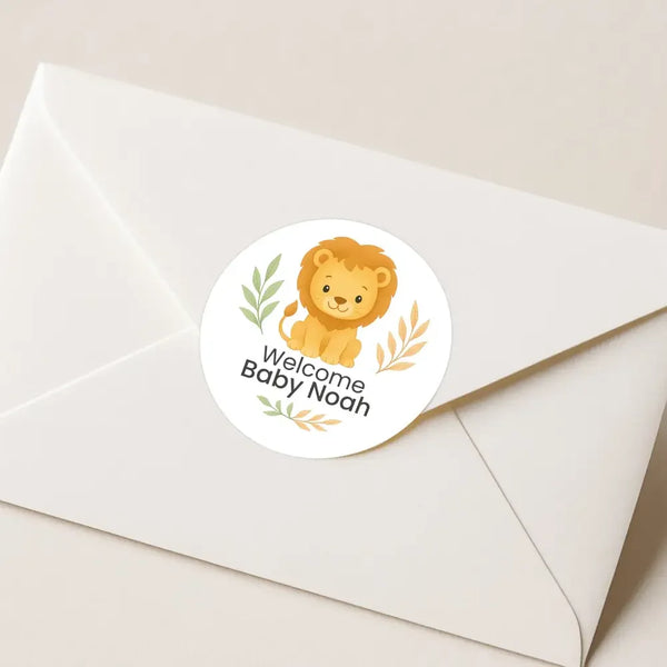 Personalised Lion Baby Shower Stickers – Safari Welcome Baby Favour Labels - Sticksy Prints Australia