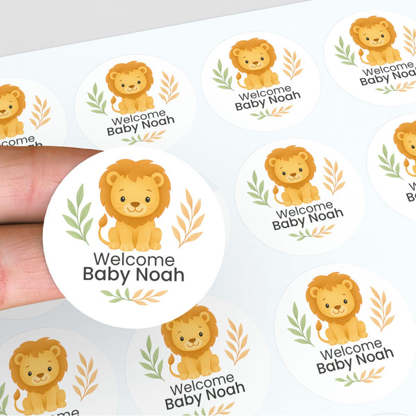 Personalised Lion Baby Shower Stickers – Safari Welcome Baby Favour Labels