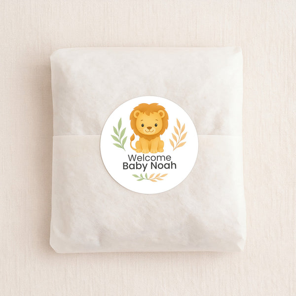 Personalised Lion Baby Shower Stickers – Safari Welcome Baby Favour Labels